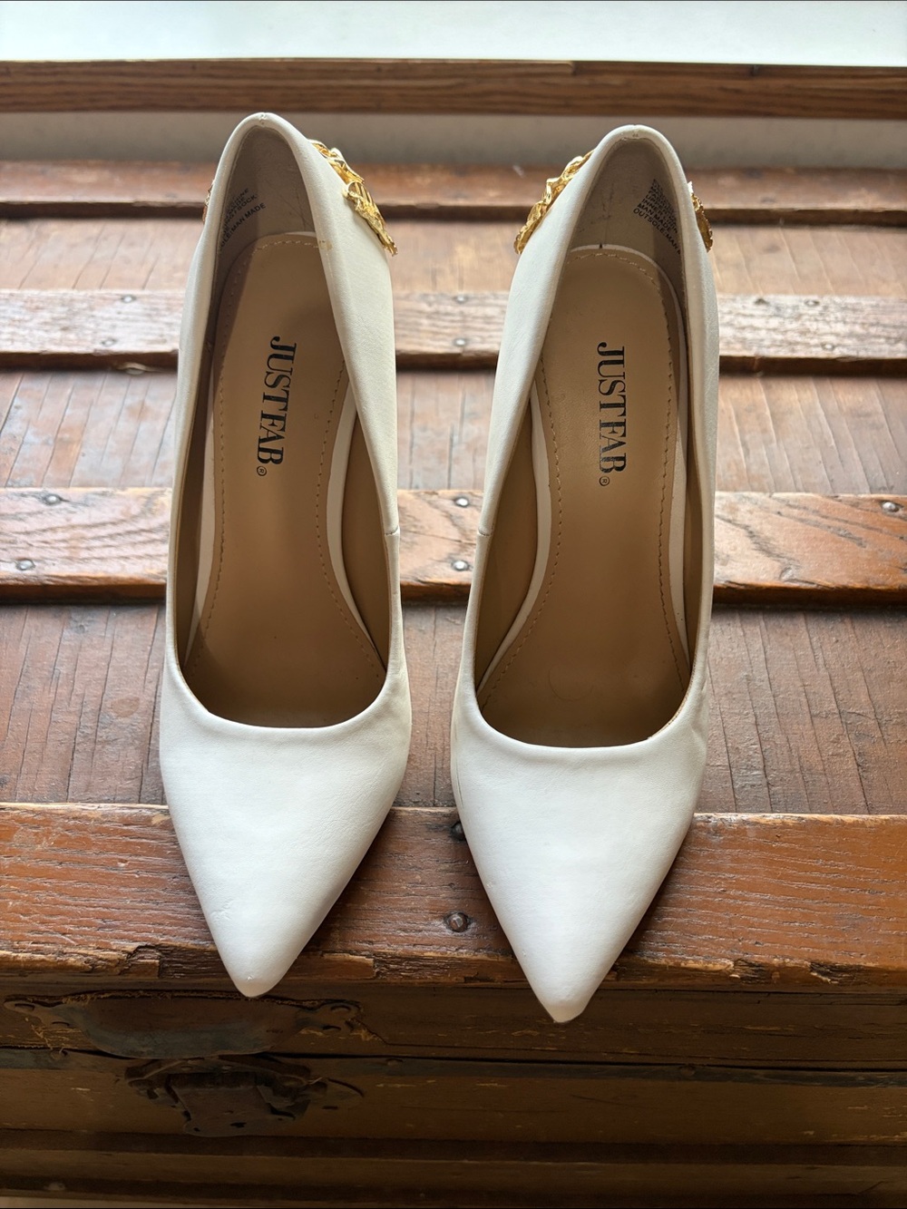 JustFab Cream Pointed Toe Pumps with Gold Accent
